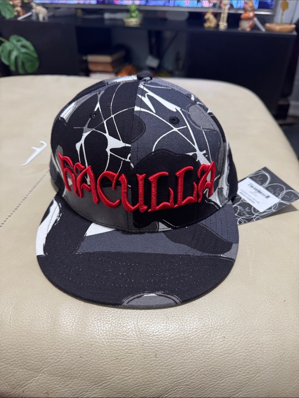 Black & Gray Camouflage Snapback Hat with Red 'Dracula' Embroidery